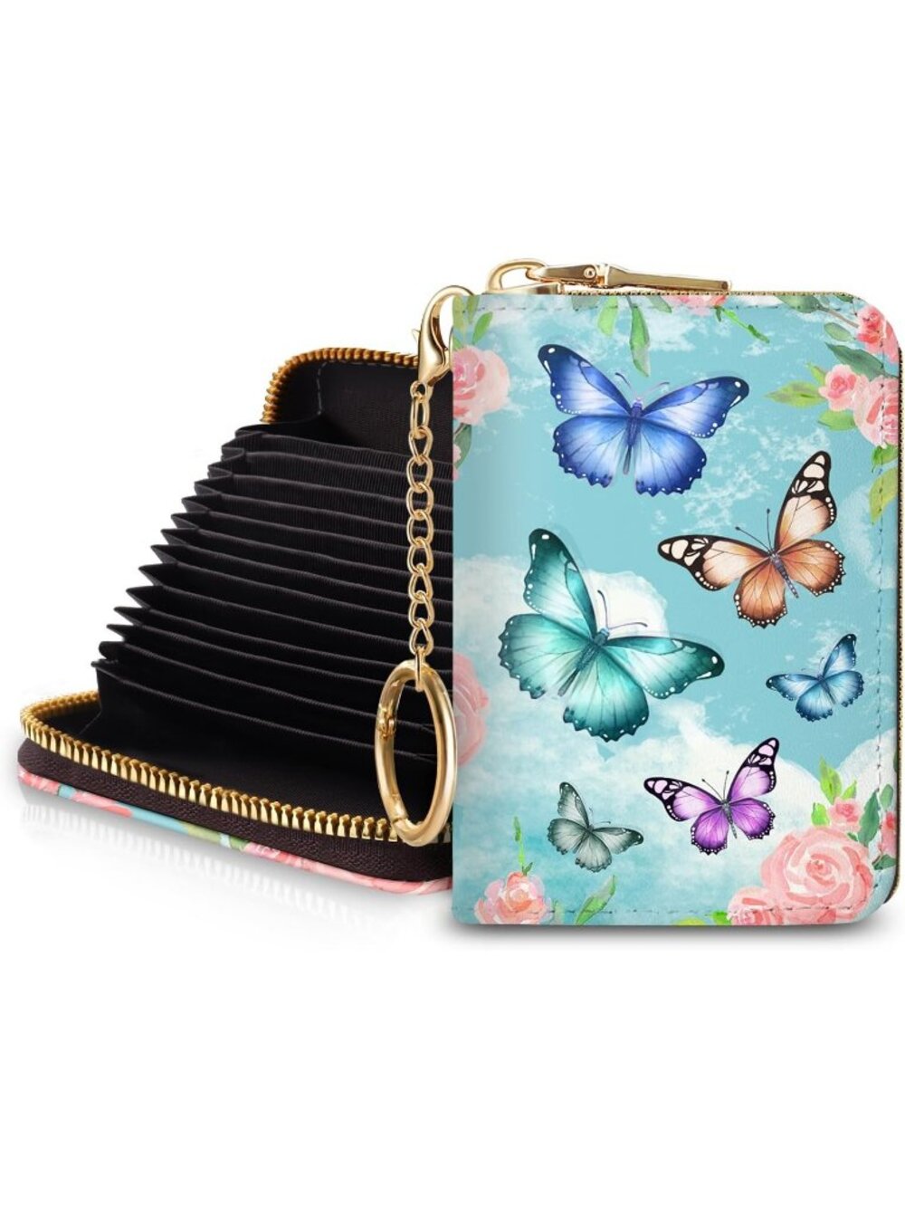 Women Butterfly RFID Credit Card Holder Bird Keychain Travel Zipper Wallet